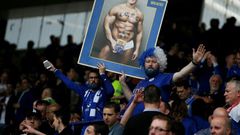 Leicester fans hold up a picture of Gary Lineker wearing underpants at King Power Stadium in Leicester in 2016