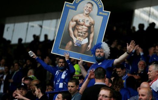 Leicester fans hold up a picture of Gary Lineker wearing underpants at King Power Stadium in Leicester in 2016