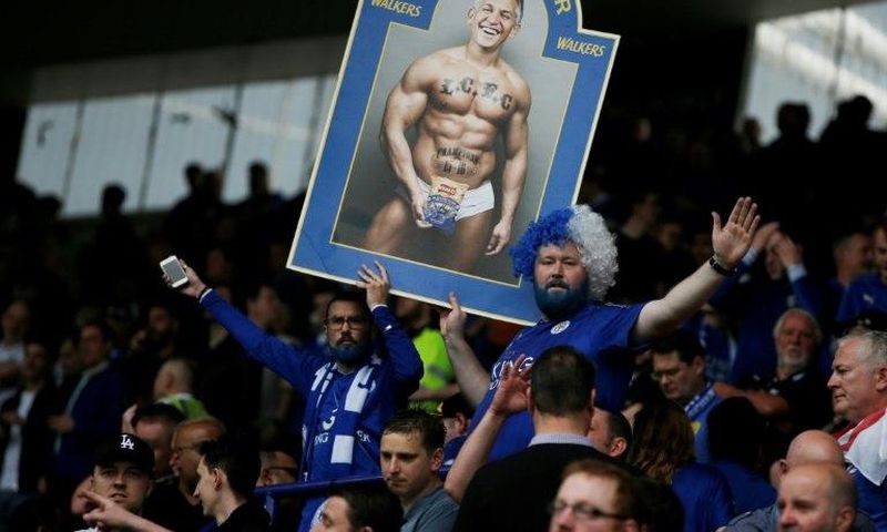 Leicester fans hold up a picture of Gary Lineker wearing underpants at King Power Stadium in Leicester in 2016