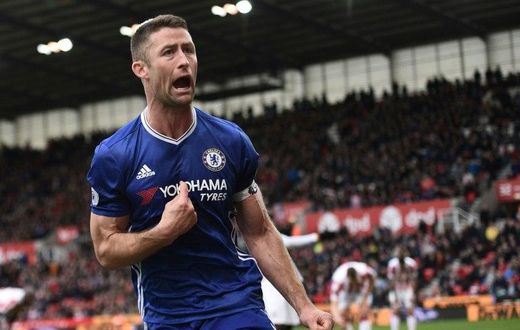 Chelsea's English defender Gary Cahill celebrates after scoring during the English Premier League football match between Stoke City and Chelsea at the Bet365 Stadium in Stoke-on-Trent, central England on March 18, 2017