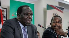 Chairman council of Governors Wycliffe Oparanya with his vice chairman Mwangi wa Iria during a presser