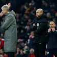 Arsenal's French manager Arsene Wenger (2nd left) is sent to the stands by English referee Jonathan Moss (left)during the English Premier League match between Arsenal and Burnley at the Emirates Stadium in London on January 22, 2017