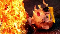 An effigy representing US President Donald Trump is burnt during a protest against his inauguration in Mexico City