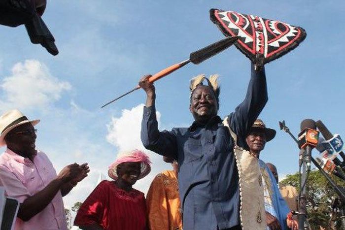 Cord leader Raila Odinga during a rally in Kisumu on March 17, 2016. He has told Ugandan President Yoweri Museveni to stop harassing Kenyan fishermen in the waters of Lake Victoria.