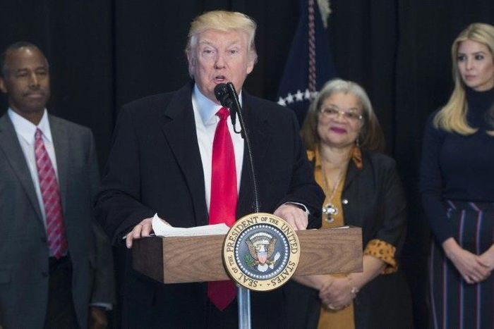 US President Donald Trump speaks following a tour of the Smithsonian National Museum of African American History and Culture in Washington, DC, February 21, 2017