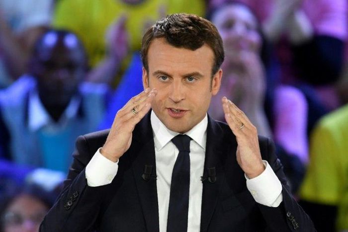 French presidential election candidate for the En Marche ! movement, Emmanuel Macron delivers a speech during a campaign rally on May 1, 2017 in Paris