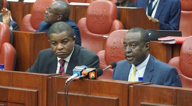 KRA Commissioner-General John Njiraini (L) with Treasury CS Henry Rotich at parliament (twitter)