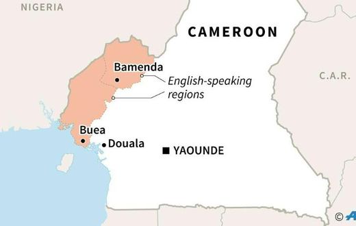 Map of Cameroon locating English-speaking regions and their capitals, Bamenda and Buea