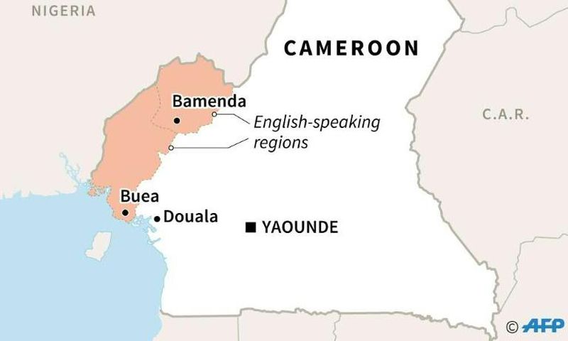 Map of Cameroon locating English-speaking regions and their capitals, Bamenda and Buea