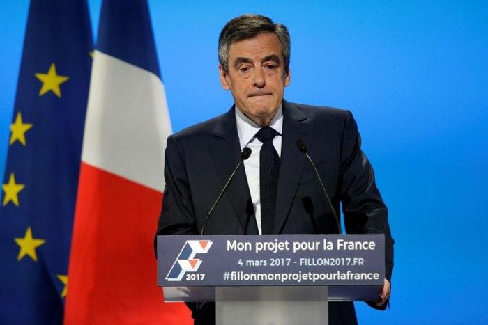 French Les Republicains presidential election candidate party Francois Fillon delivers a speech to present his programm during a campaign meeting in Aubervilliers, outside Paris, on March 4, 2017