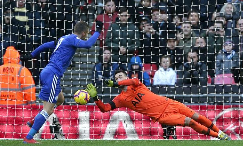 Tottenham captain Hugo Lloris saves Jamie Vardy's penalty at Wembley