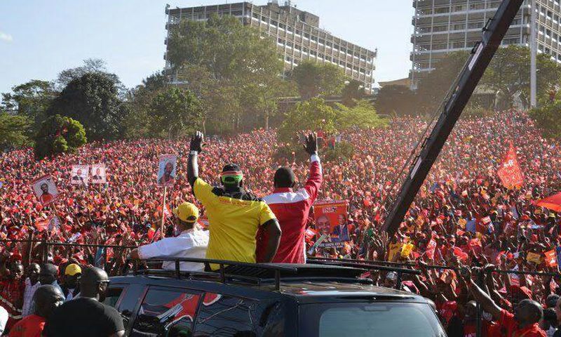 Uhuru Ruto rally (President Uhuru Kenyatta and his Deputy William Ruto wave to their supporters in the run up to the 2013 general elections at Uhuru Park, Nairobi