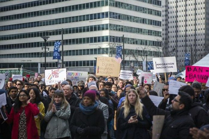 Comcast tech employees walk out of work to rally against President Trump's recent immigration order on February 2, 2017 in Philadelphia, Pennsylvania