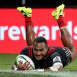Manasa Mataele of the Canterbury Crusaders dives to score a try during a Super Rugby match in Christchurch, in April 2017