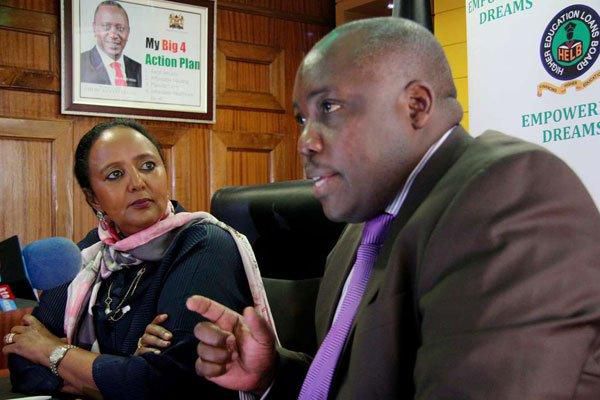 Education CS Amina Mohammed (left) and Helb boss Charles Ringera