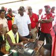 Deputy President William Ruto, Isiolo Senator Mohamed Kuti and Elgeyo Marakwet Senator Kipchumba Murkomen during a voter registration exercise.