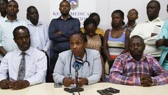 Dr Joy Mugambi, flanked by regional members of the Kenya Medical Association, addresses journalists in Nakuru on February 13, 2017. The association announced the closure of all private health facilities for 24 hours.