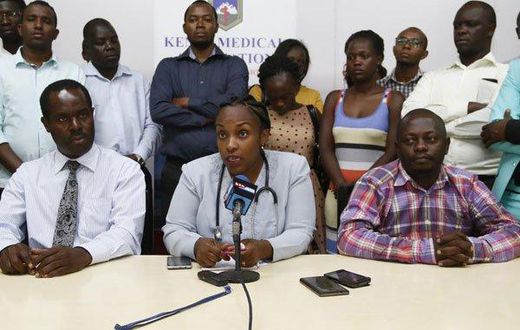 Dr Joy Mugambi, flanked by regional members of the Kenya Medical Association, addresses journalists in Nakuru on February 13, 2017. The association announced the closure of all private health facilities for 24 hours.