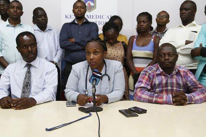 Dr Joy Mugambi, flanked by regional members of the Kenya Medical Association, addresses journalists in Nakuru on February 13, 2017. The association announced the closure of all private health facilities for 24 hours.