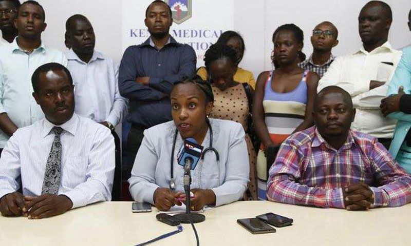 Dr Joy Mugambi, flanked by regional members of the Kenya Medical Association, addresses journalists in Nakuru on February 13, 2017. The association announced the closure of all private health facilities for 24 hours.
