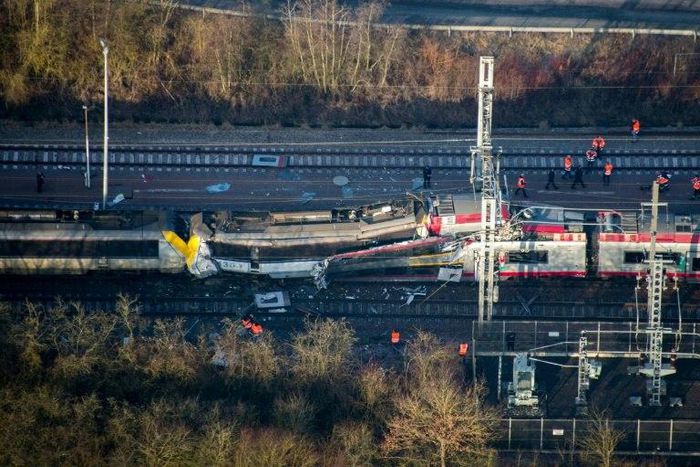 The scene of a crash between a passenger train and a freight train near Dudelange in Luxembourg on February 14, 2017