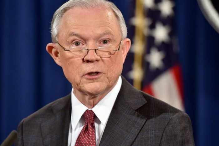 US Attorney General Jeff Sessions speaks during a press conference at the Justice Department in Washington, DC on March 2, 2017