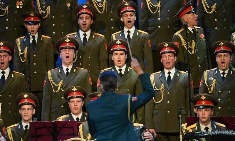 The Red Army Choir performs during their first concert since many of its members perished in a plane crash, in Moscow on February 16, 2017