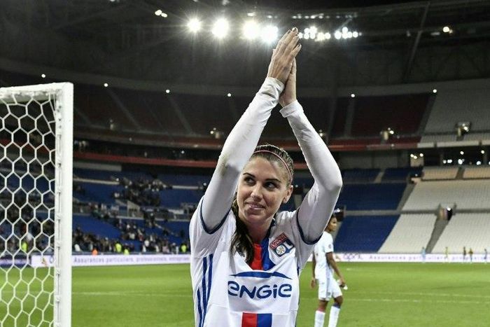 Lyon's US forward Alex Morgan celebrates at the end of the UEFA Women's Champions League semi-final football match between Lyon and Manchester City on April 29, 2017