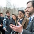 Attorneys for the ACLU, Omar Jadwat (L) and Justin Cox (R) deliver remarks to the media outside US District Court, Southern District of Maryland, March 15, 2017, in Greenbelt, Maryland