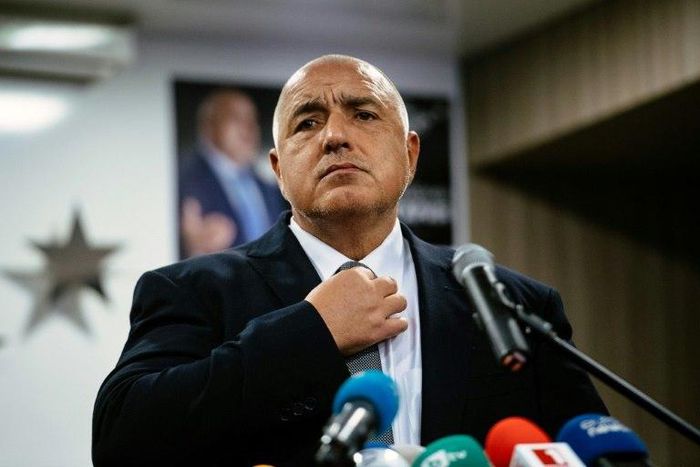 Boyko Borisov speaking to reporters after his party's victory in Bulgarian elections
