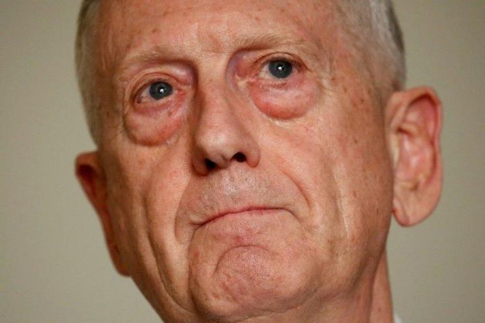US Defence Secretary Jim Mattis speaks with reporters after his arrival in Tel Aviv on April 20, 2017