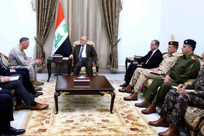 Iraqi Prime Minister Haider al-Abadi and members of his government meet with the US delegation on April 3, 2017