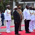 President Uhuru Kenyatta and Yoweri Museveni in Mombasa after inspecting a guard of honor