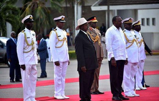 President Uhuru Kenyatta and Yoweri Museveni in Mombasa after inspecting a guard of honor