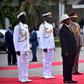President Uhuru Kenyatta and Yoweri Museveni in Mombasa after inspecting a guard of honor
