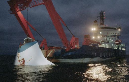 The bow door of the ferry M/S Estonia was lifted from the bottom of the sea after it sank in the Baltic Sea in 1994