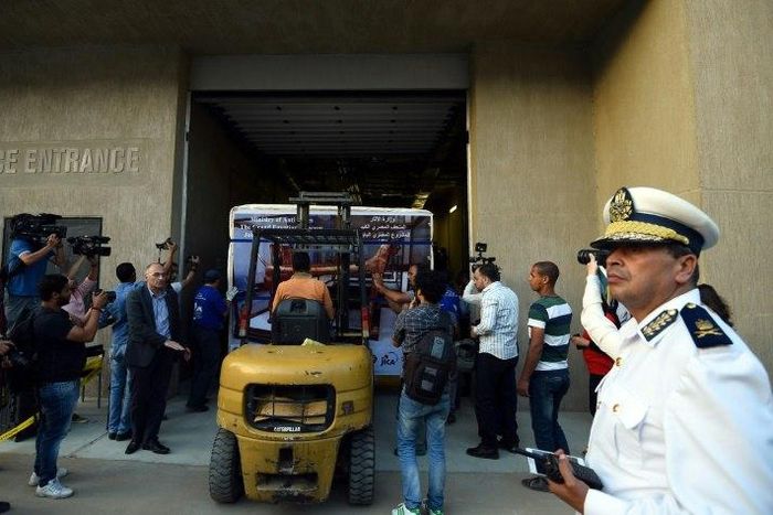 The gilded bed of the ancient Egyptian boy-king Tutankhamun arrives at the newly-constructed Grand Egyptian Museum