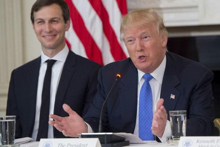 US President Donald Trump speaks alongside White House Senior Advisor Jared Kushner during a meeting with manufacturing CEOs, at the White House in Washington, DC, on February 23, 2017