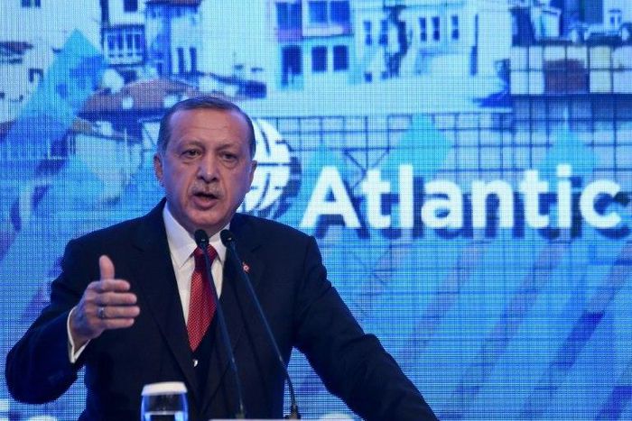 Turkish President Recep Tayyip Erdogan gives a speech at the Atlantic Council summit in Istanbul on April 28, 2017