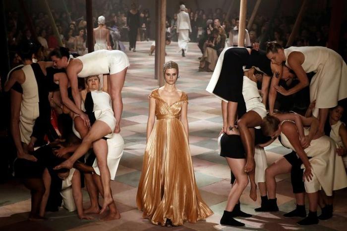 Maria Grazia Chiuri's latest collection for Christian Dior used members of a British acrobatic troupe, Mimbre, for its presentation in Paris Monday