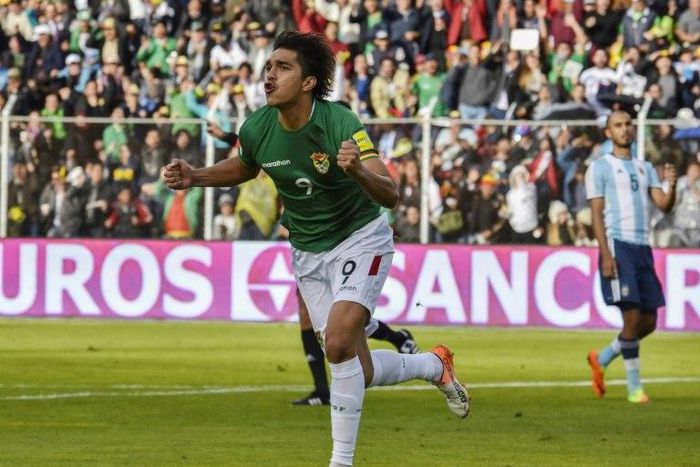 Bolivia's forward Marcelo Martins celebrates after scoring against Argentina during their 2018 FIFA World Cup qualifier football match in La Paz on March 28, 2017