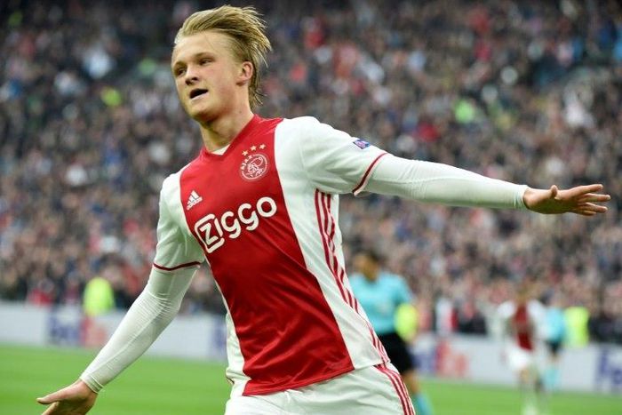 Ajax forward Kasper Dolberg celebrates after scoring a goal during UEFA Europa League semi-final, first leg, Ajax Amsterdam v Olympique Lyonnais (OL) on May 3, 2017
