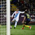 Napoli's striker Jose Maria Callejon prepares to kick the ball past Inter Milan's defender Yuto Nagatomo (R) on April 30, 2017