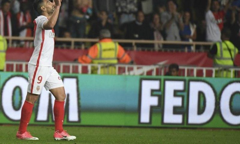 Monaco's forward Radamel Falcao celebrates after scoring a goal against Lille at the Louis II Stadium in Monaco on May 14, 2017