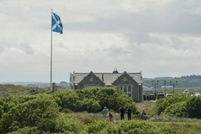 The giant saltire is situated next to the Trump International Golf Links clubhouse in Aberdeenshire, Scotland