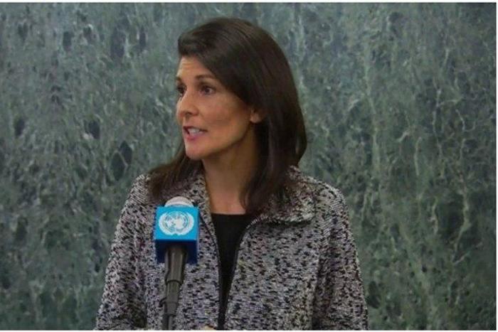 Ambassador Nikki Haley addressing the United Nations council.
