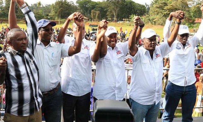 Members of Kenya Alliance of Independent Candidates in show of solidarity during their rally at Ihururu stadium in Nyeri on May 27, 2017.