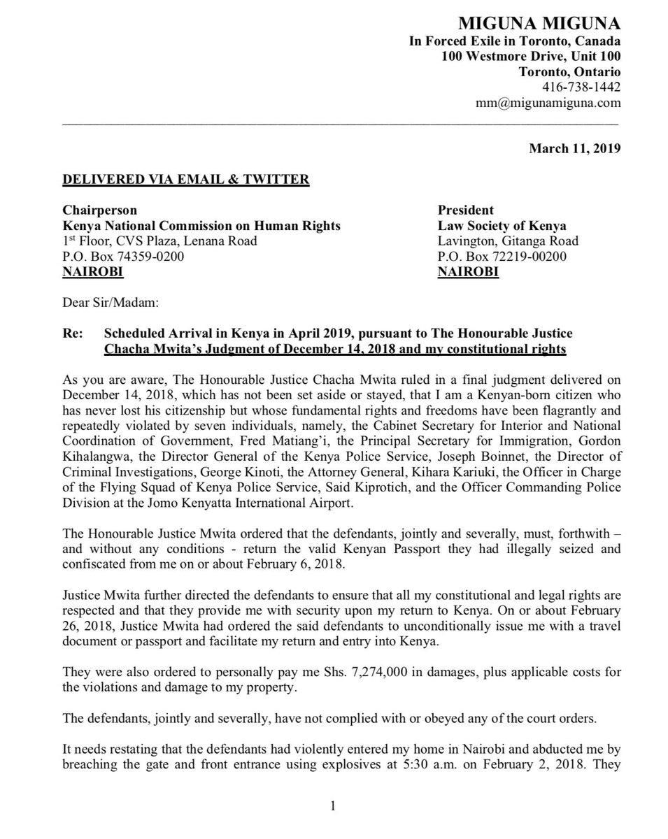 Miguna Miguna's letter in regards to being issued back his Kenyan passport (Twitter)