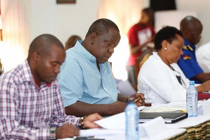 Interior CS Fred Matiang'i during a security meeting at the Flamingo Pride Inn in Mombasa County (Twitter)