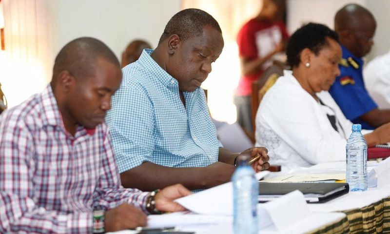 Interior CS Fred Matiang'i during a security meeting at the Flamingo Pride Inn in Mombasa County (Twitter)